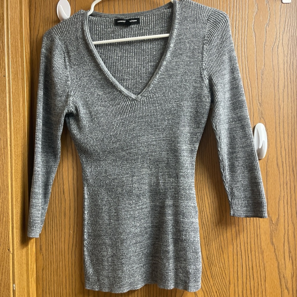 Express Gray Ribbed Knit Top